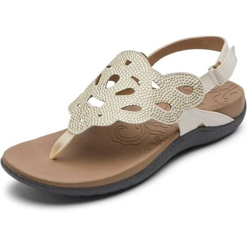 Rockport Womens Ridge Slingback Sandals Gold Laser Cut Thong Size 8.5 M NEW